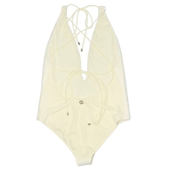 SAND & BLUE Cher mesh net plunge neck luxe one piece swimsuit in ecru Size L NEW - Picture 2 of 9